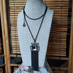 Erica Lyons Emerald Cut Citrine Gunmetal Chain Clear Rhinestone Tassel Necklace